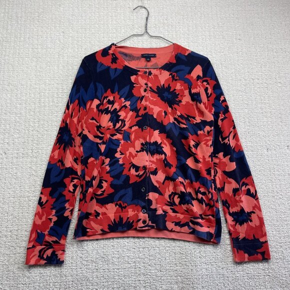 Tommy Hilfiger Cotton Exploded Floral AOP Cardigan Blue/Coral Wom M Retro Artsy - Picture 1 of 12